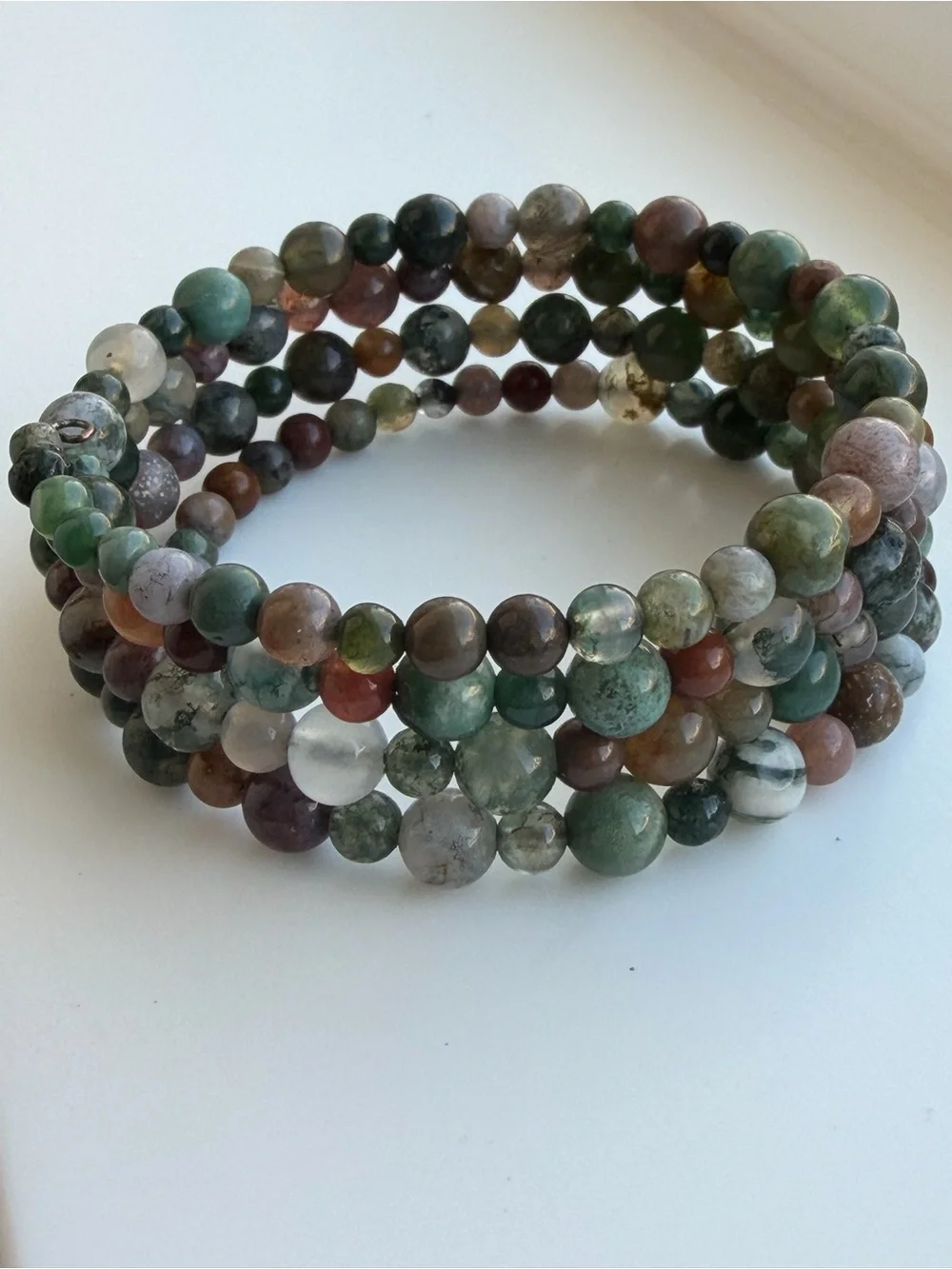 Multicolor Graduated Natural Stone Bead Memory Wire Bracelet - Green Accents
